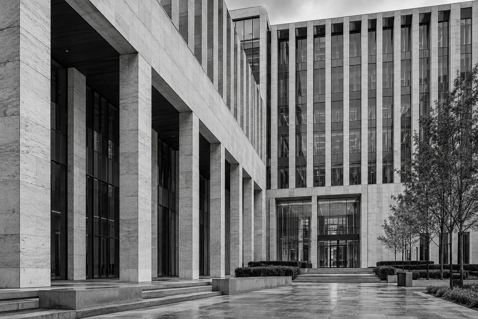 A structured facade of stone and glass
